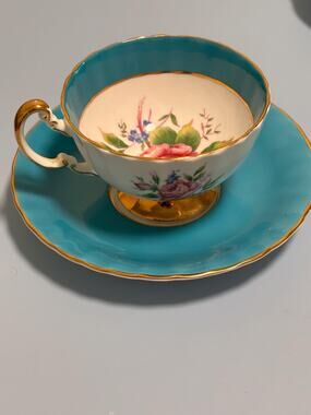 Aynsley Fine English Bone China Teacup Saucer Set - Turquoise with Floral Design
